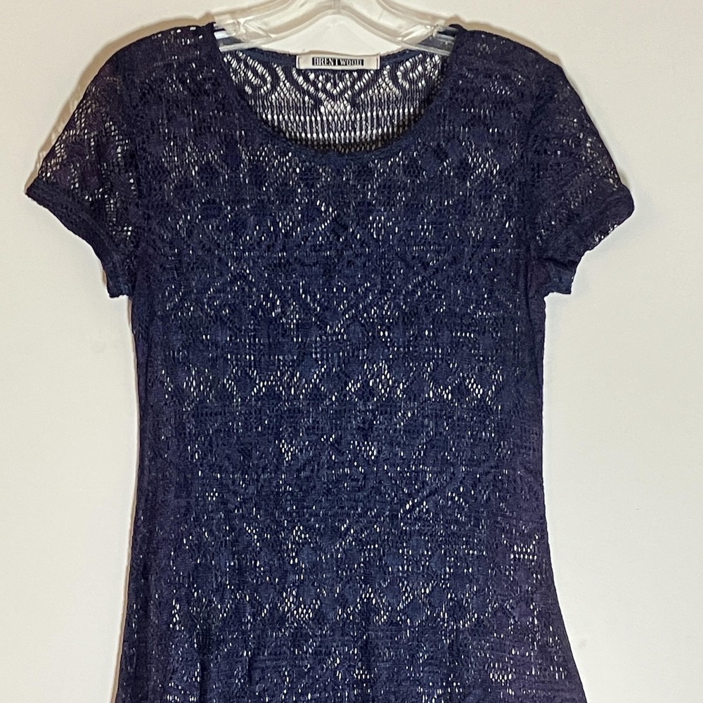 Brentwood Dress Womens Small Purple Navy Crochet Knit Sheer Short Sleeve A-Line - Picture 2 of 11